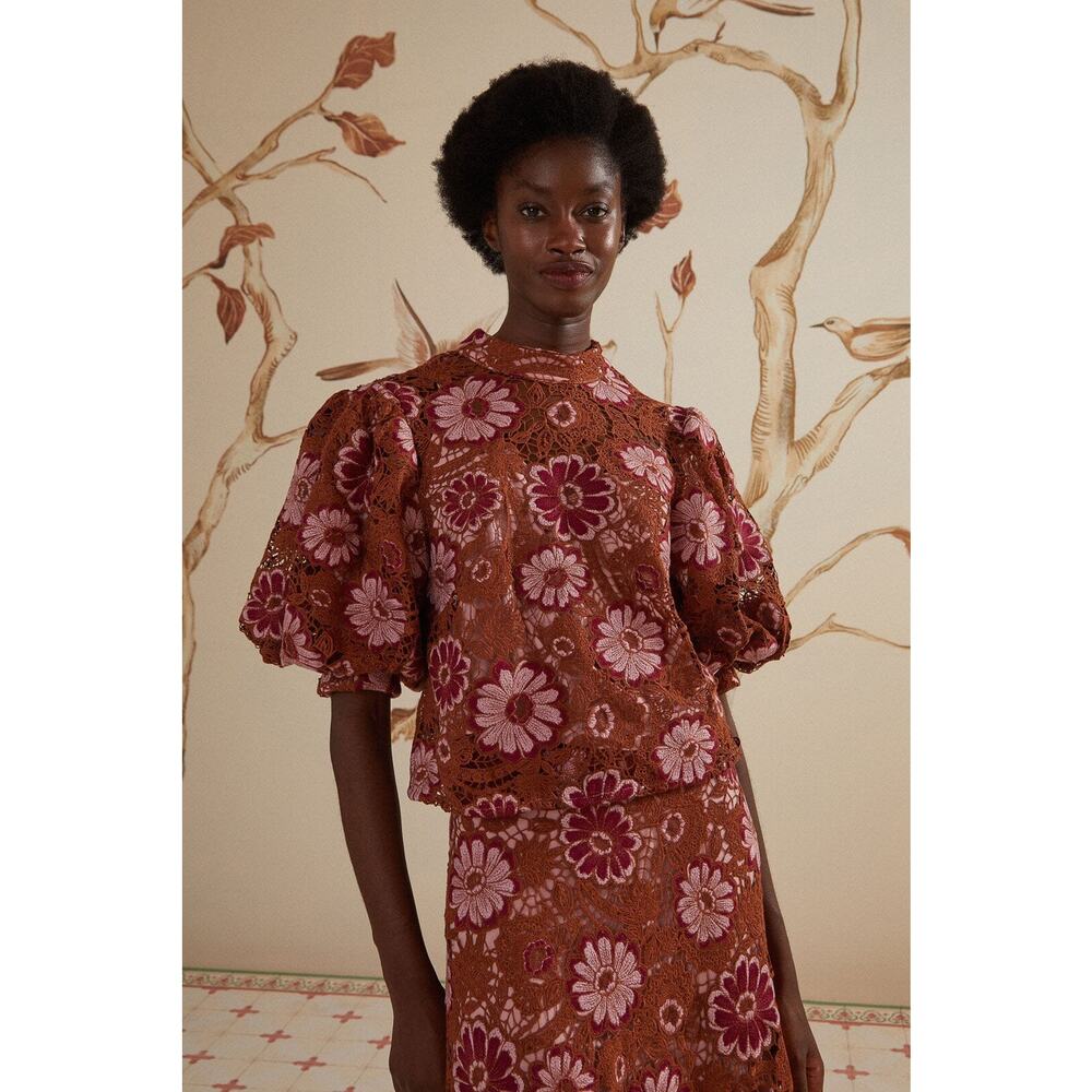 Farm Rio Gigi Tapestry Puff sleeve Guipure brown crochet blouse size XL